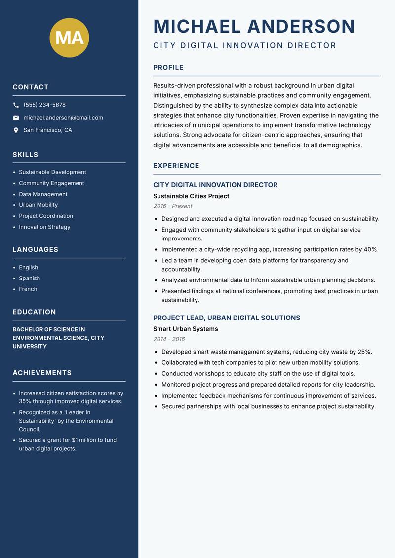 City Digital Transformation Manager resume sample — City Digital Innovation Director focus