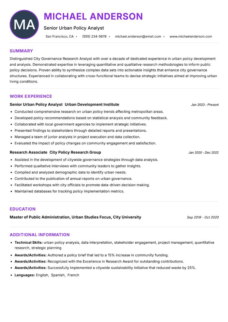City Governance Research Analyst resume example