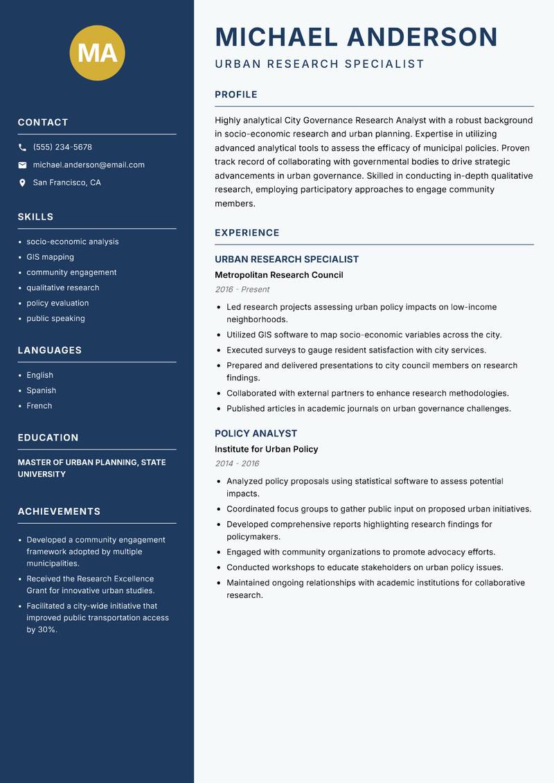 City Governance Research Analyst resume sample — Urban Research Specialist focus