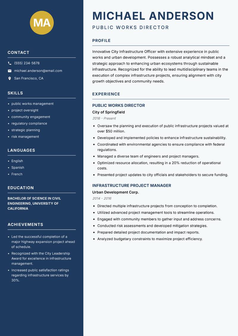 City Infrastructure Officer resume sample — Public Works Director focus