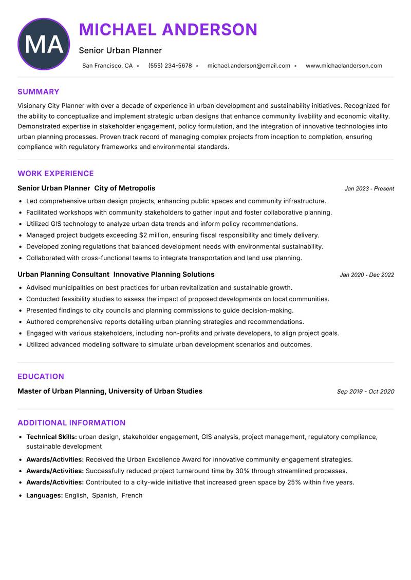 City Planner resume example