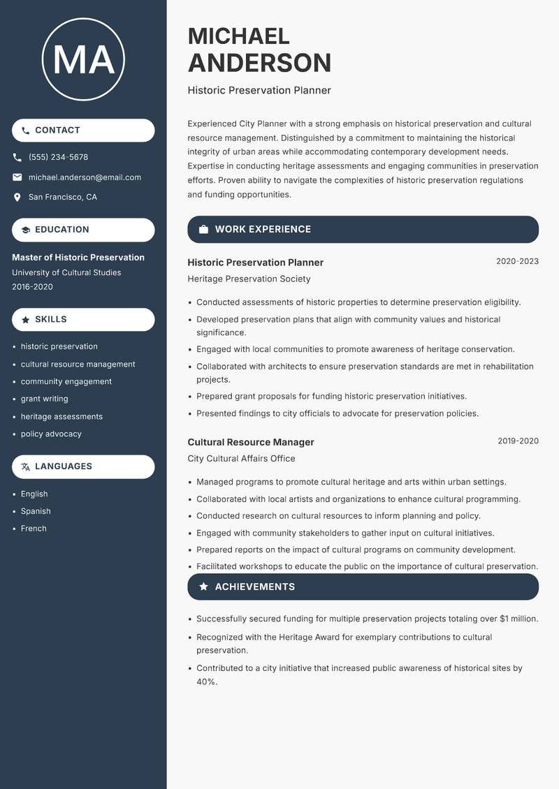City Planner resume sample — Historic Preservation Planner focus