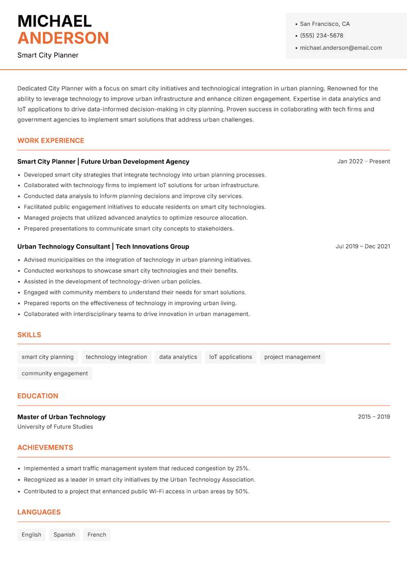 City Planner resume sample — Smart City Planner focus