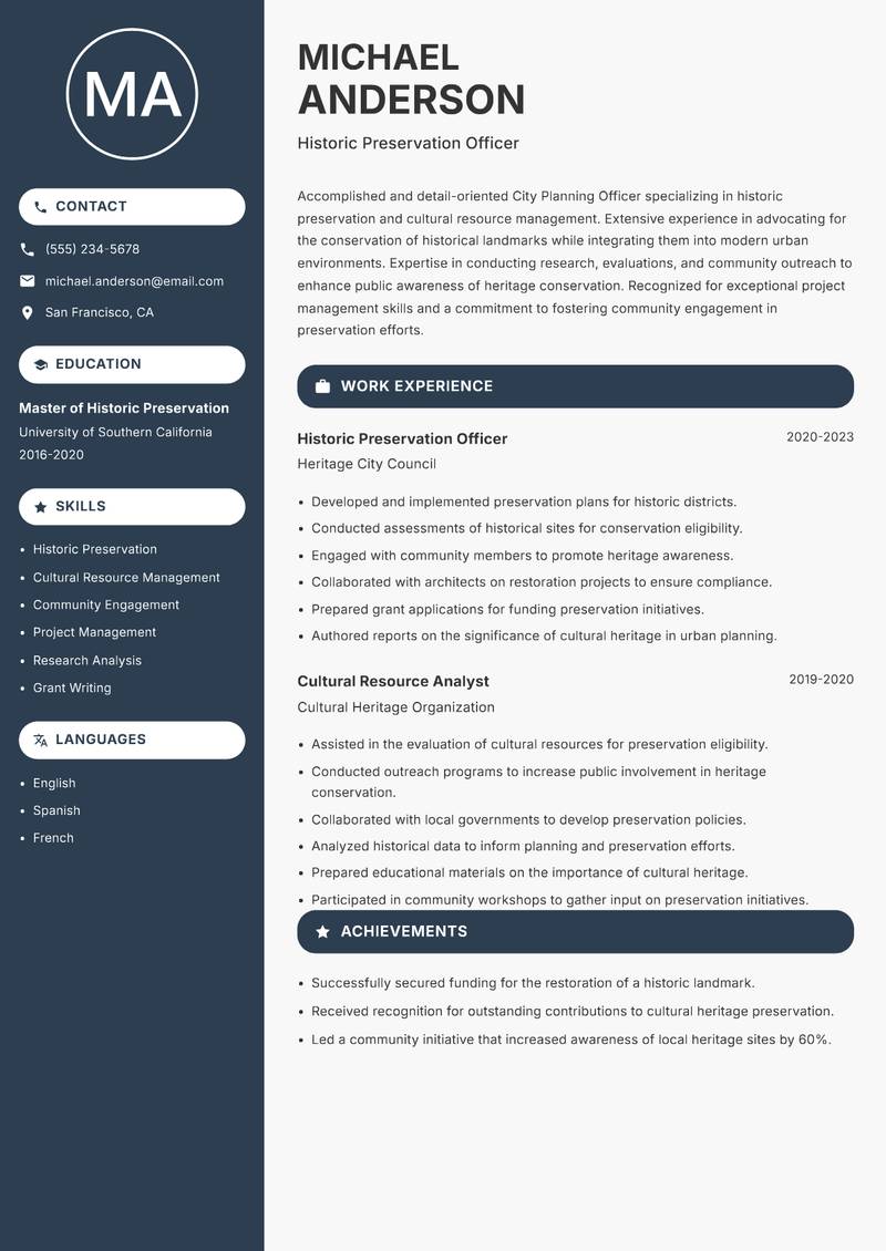 City Planning Officer resume sample — Historic Preservation Officer focus
