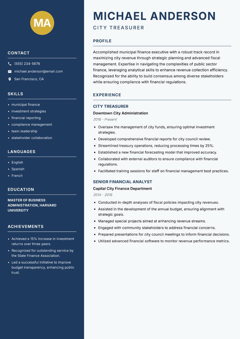 City Revenue Officer resume sample — City Treasurer focus