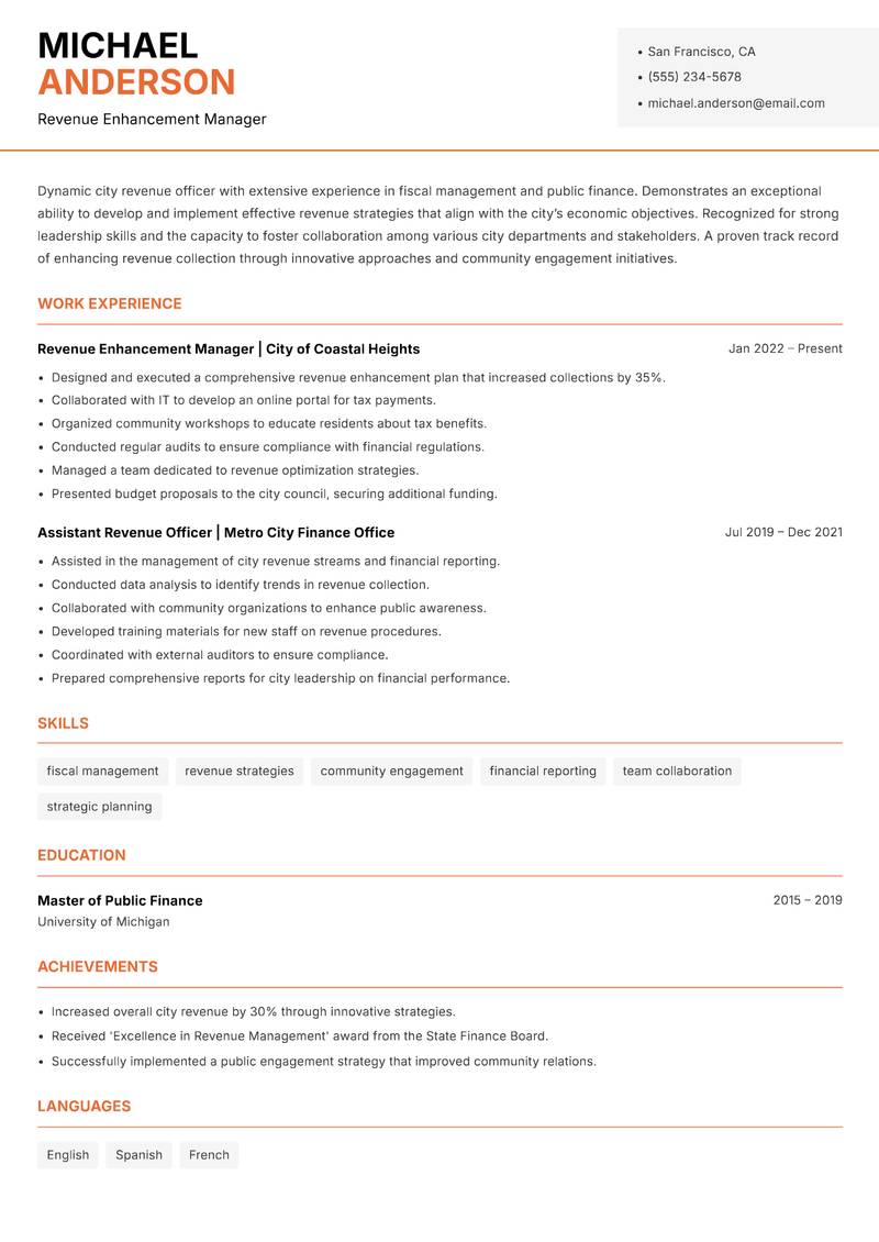 City Revenue Officer resume sample — Revenue Enhancement Manager focus