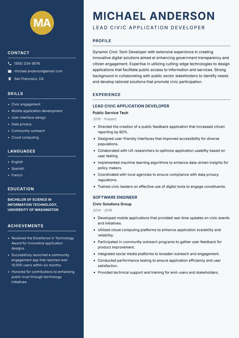 Civic Tech Developer resume sample — Lead Civic Application Developer focus