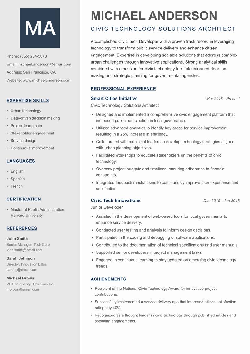 Civic Tech Developer resume sample — Civic Technology Solutions Architect focus