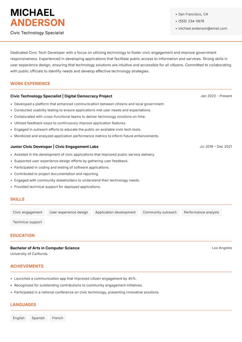 Civic Tech Developer resume sample — Civic Technology Specialist focus