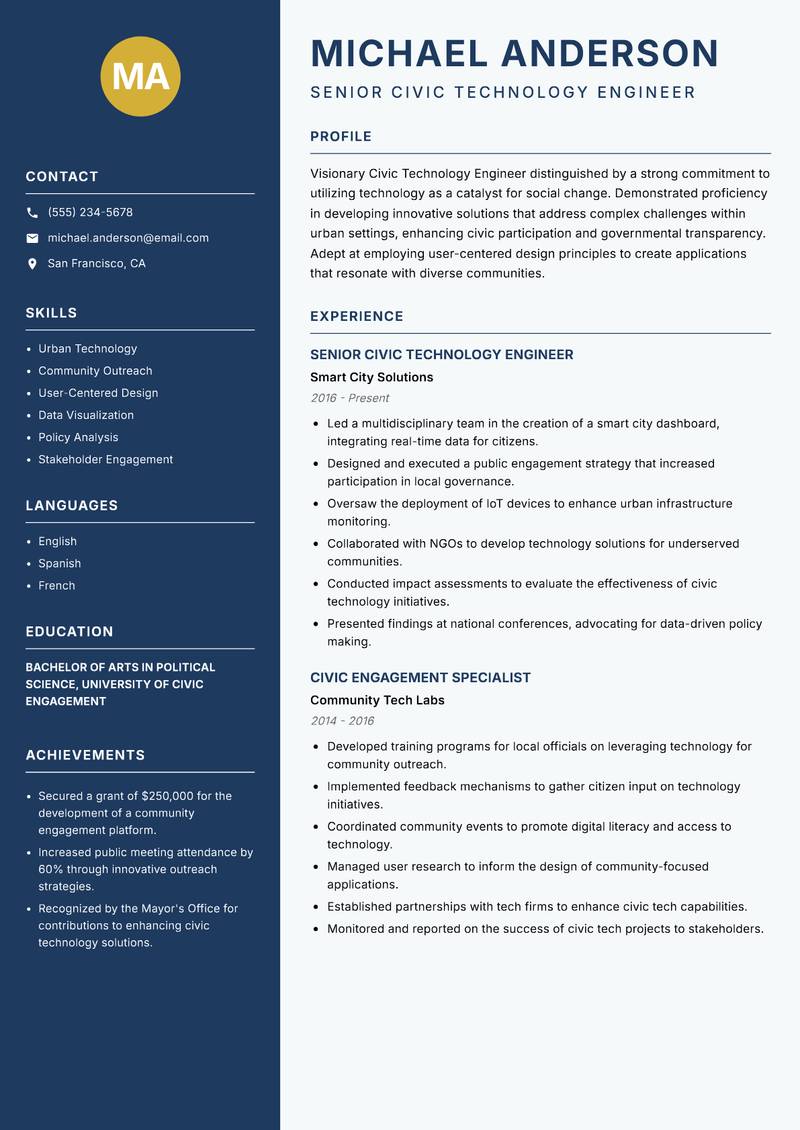 Civic Technology Engineer resume sample — Senior Civic Technology Engineer focus