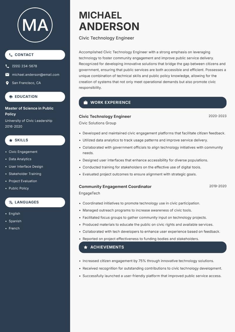 Civic Technology Engineer resume sample — Civic Technology Engineer focus