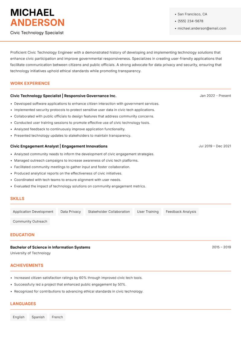 Civic Technology Engineer resume sample — Civic Technology Specialist focus