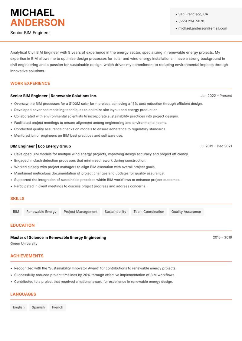 Civil BIM Engineer resume sample — Senior BIM Engineer focus