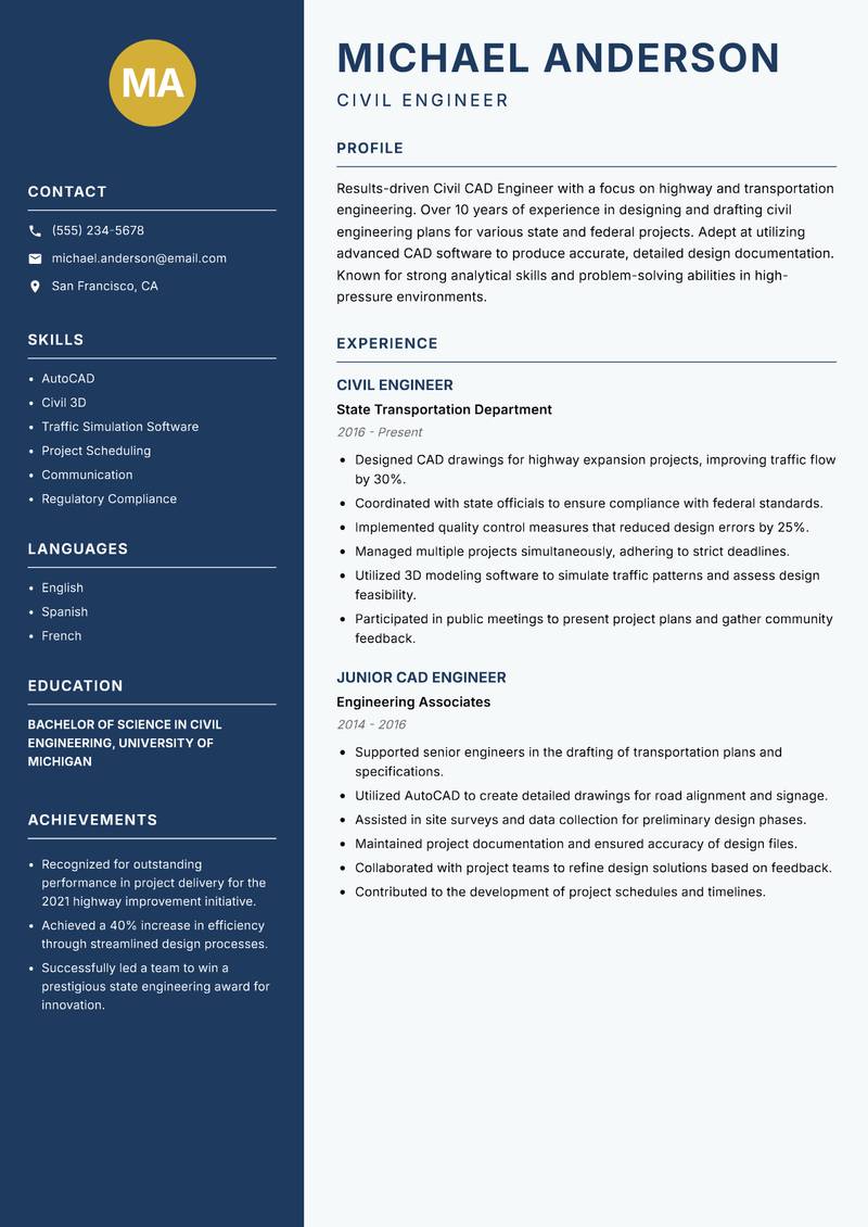 Civil CAD Engineer resume sample — Civil Engineer focus