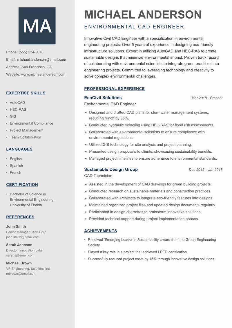 Civil CAD Engineer resume sample — Environmental CAD Engineer focus