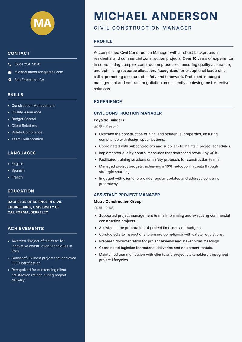 Civil Construction Manager resume sample — Civil Construction Manager focus