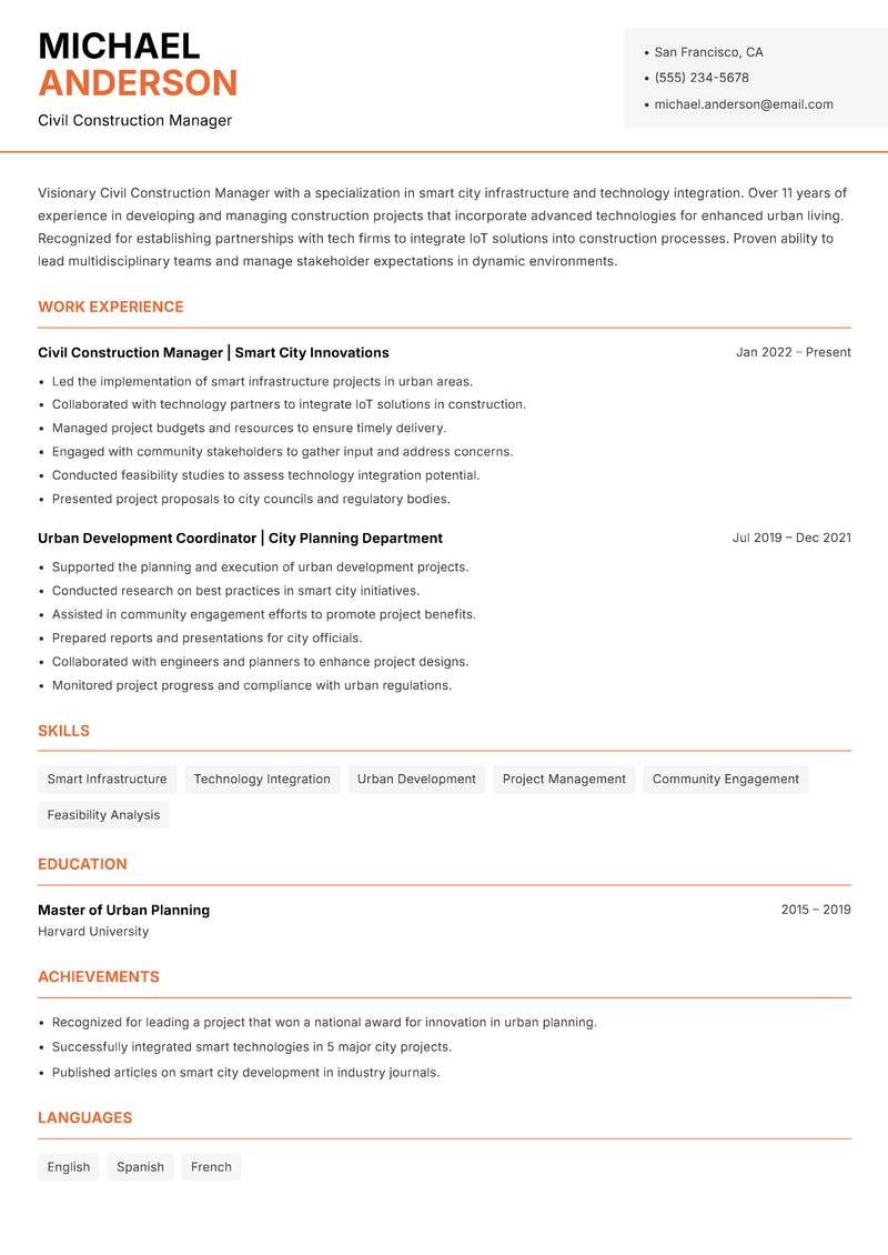 Civil Construction Manager resume sample — Civil Construction Manager focus