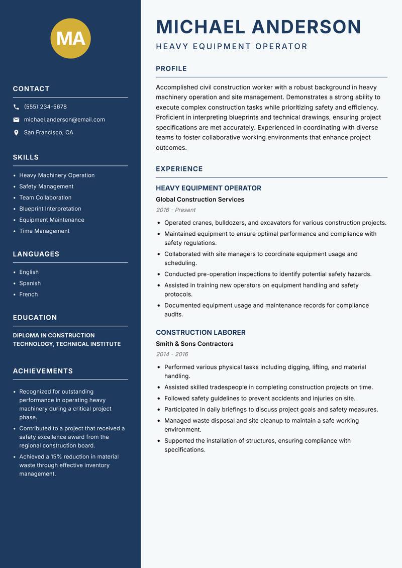 Civil Construction Worker resume sample — Heavy Equipment Operator focus