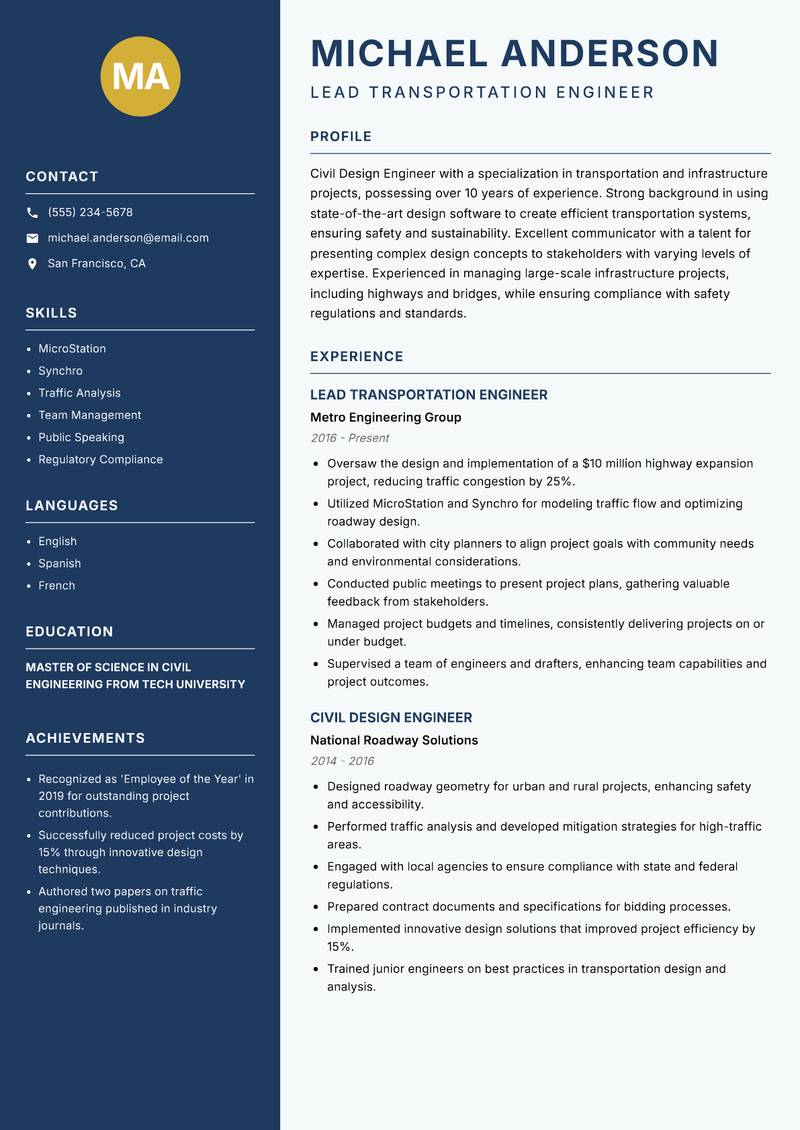 Civil Design Engineer resume sample — Lead Transportation Engineer focus