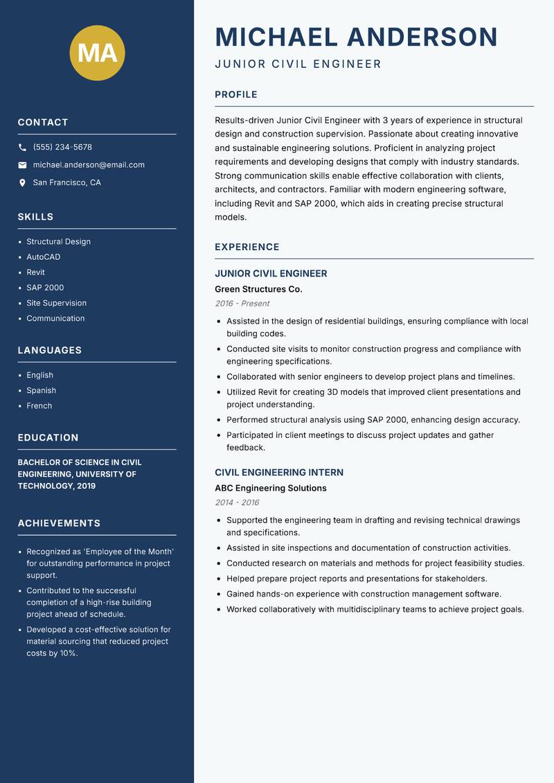 Civil Engineer resume sample — Junior Civil Engineer focus