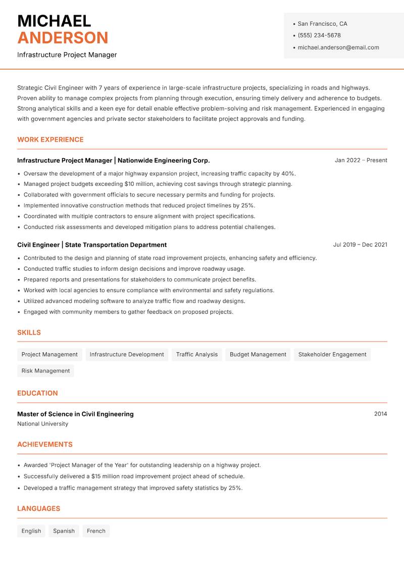 Civil Engineer resume sample — Infrastructure Project Manager focus