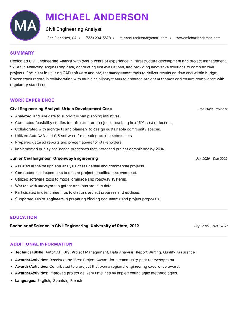 Civil Engineering Analyst resume example