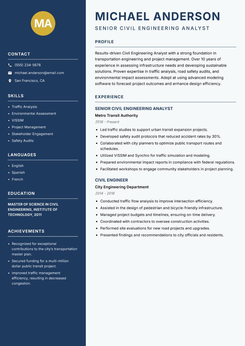 Civil Engineering Analyst resume sample — Senior Civil Engineering Analyst focus