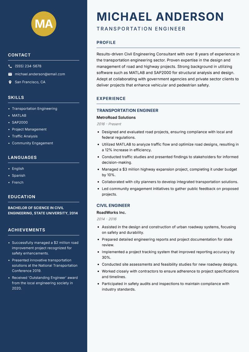 Civil Engineering Consultant resume sample — Transportation Engineer focus