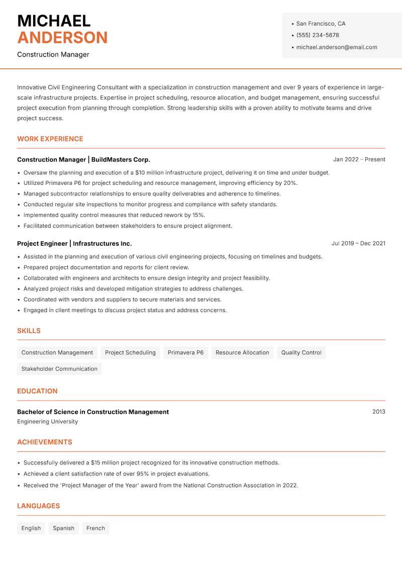 Civil Engineering Consultant resume sample — Construction Manager focus