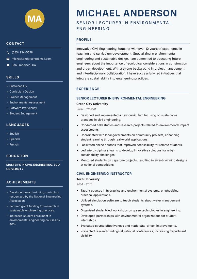 Civil Engineering Educator resume sample — Senior Lecturer in Environmental Engineering focus