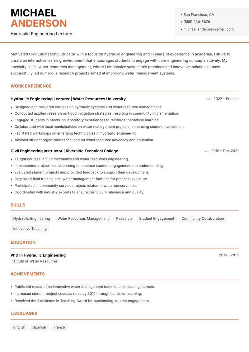 Civil Engineering Educator resume sample — Hydraulic Engineering Lecturer focus