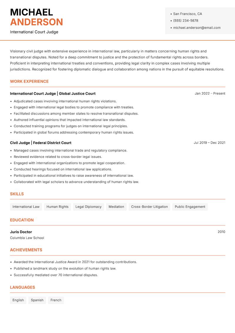 Civil Judge resume sample — International Court Judge focus