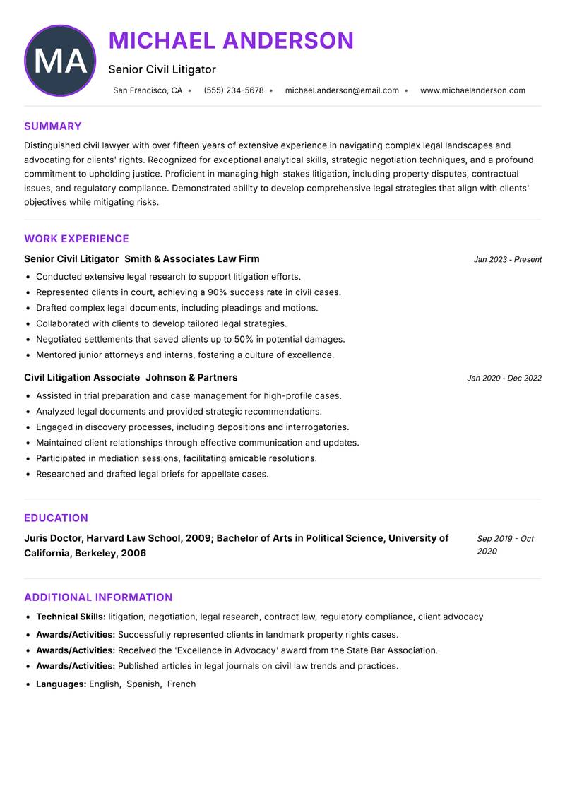 Civil Lawyer resume example