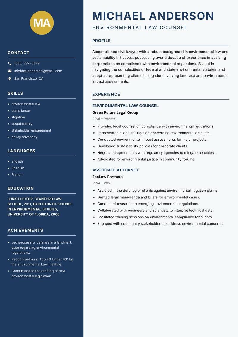 Civil Lawyer resume sample — Environmental Law Counsel focus