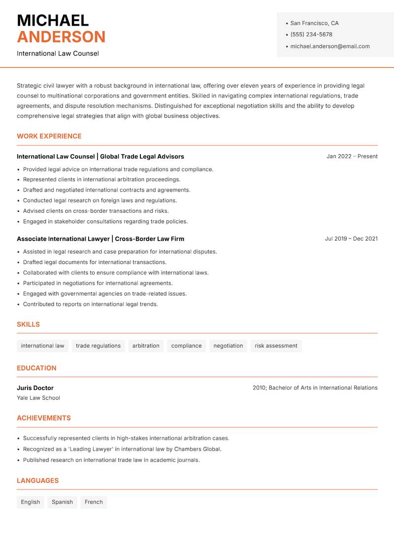 Civil Lawyer resume sample — International Law Counsel focus