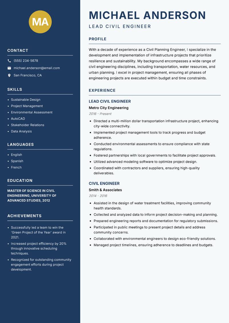 Civil Planning Engineer resume sample — Lead Civil Engineer focus