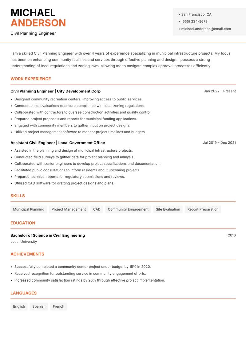 Civil Planning Engineer resume sample — Civil Planning Engineer focus