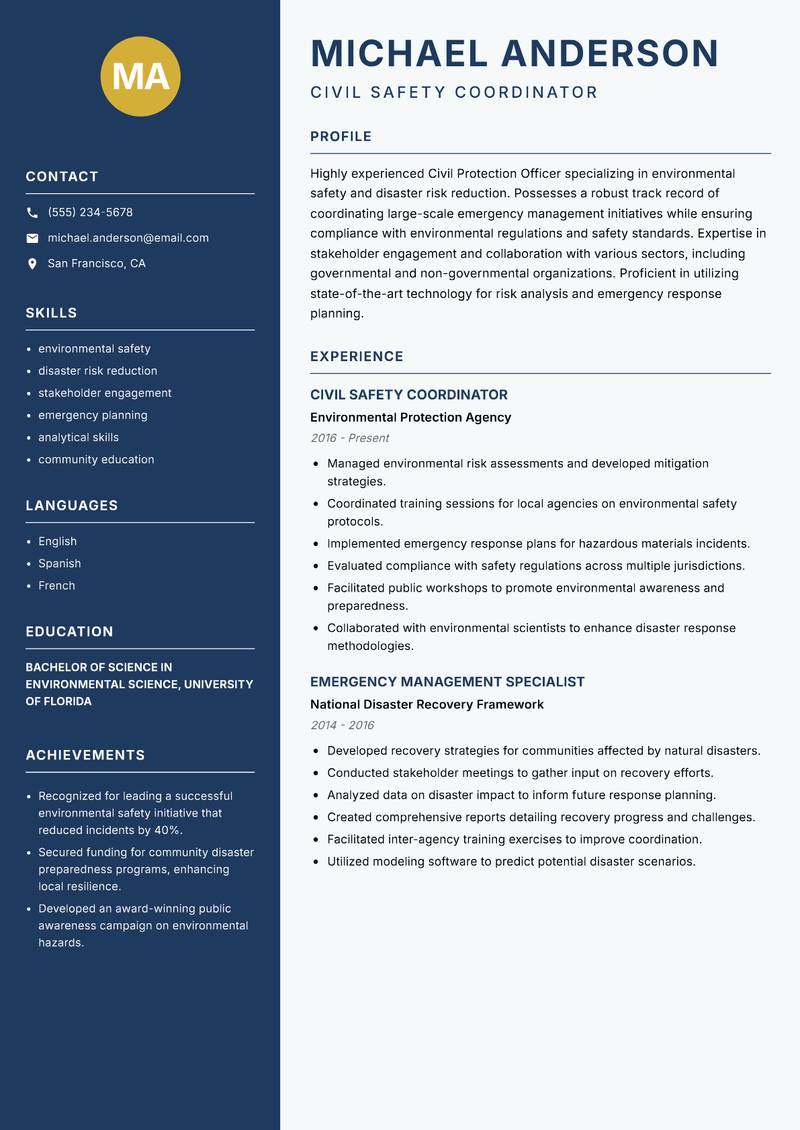 Civil Protection Officer resume sample — Civil Safety Coordinator focus