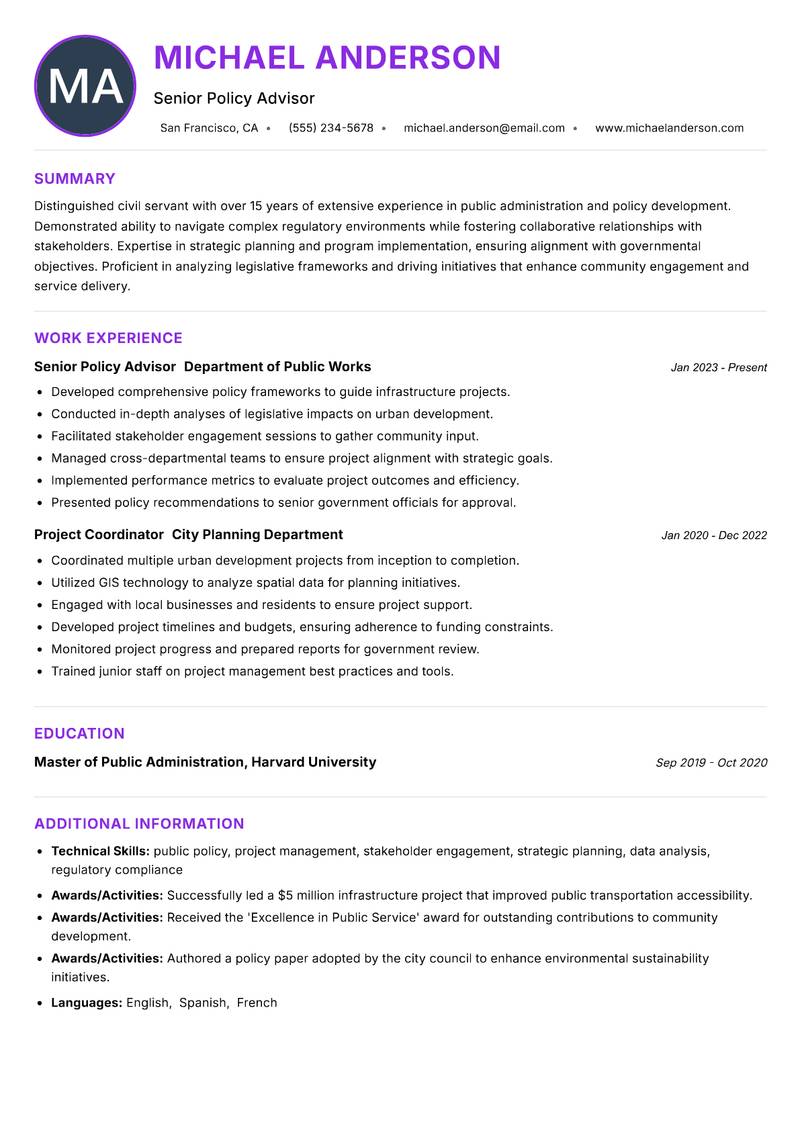 Civil Servant resume example