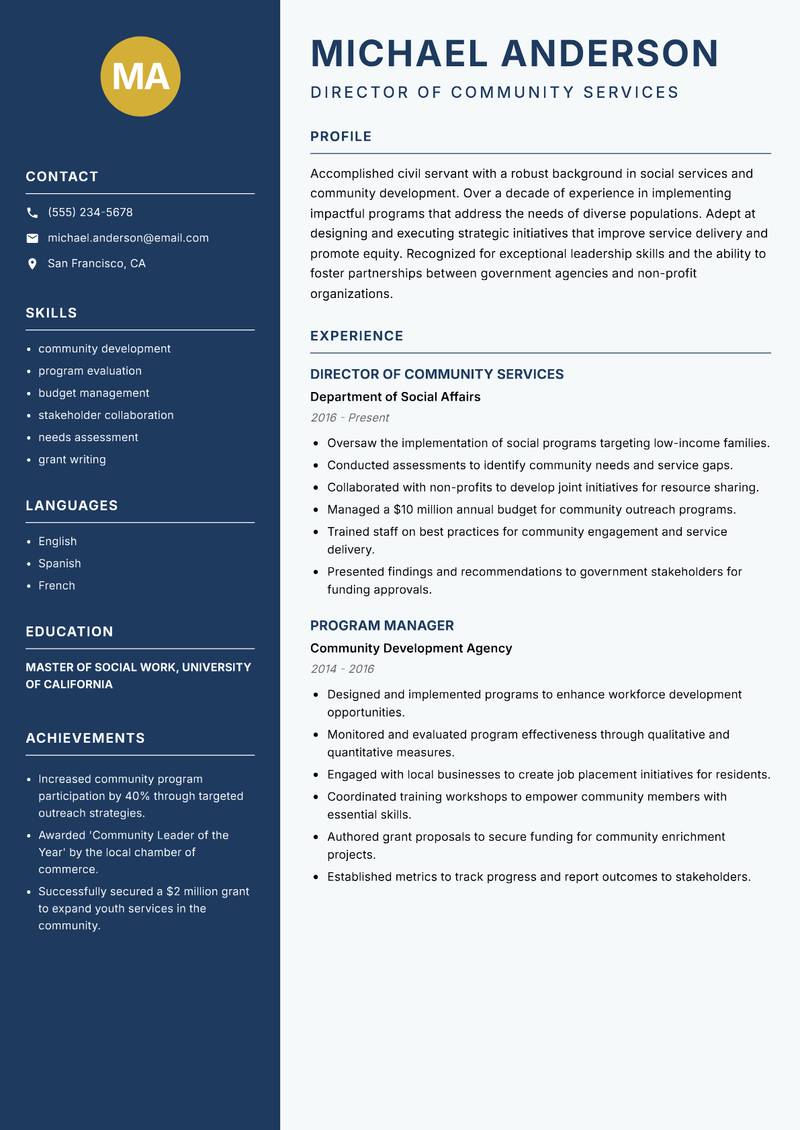 Civil Servant resume sample — Director of Community Services focus