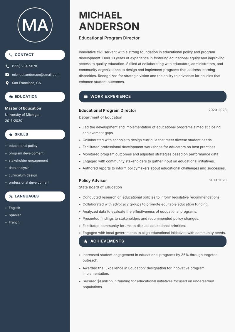Civil Servant resume sample — Educational Program Director focus