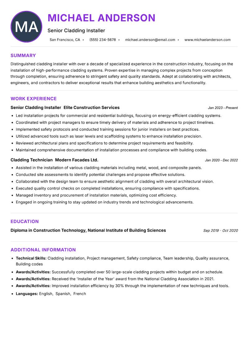 Cladding Installer resume example