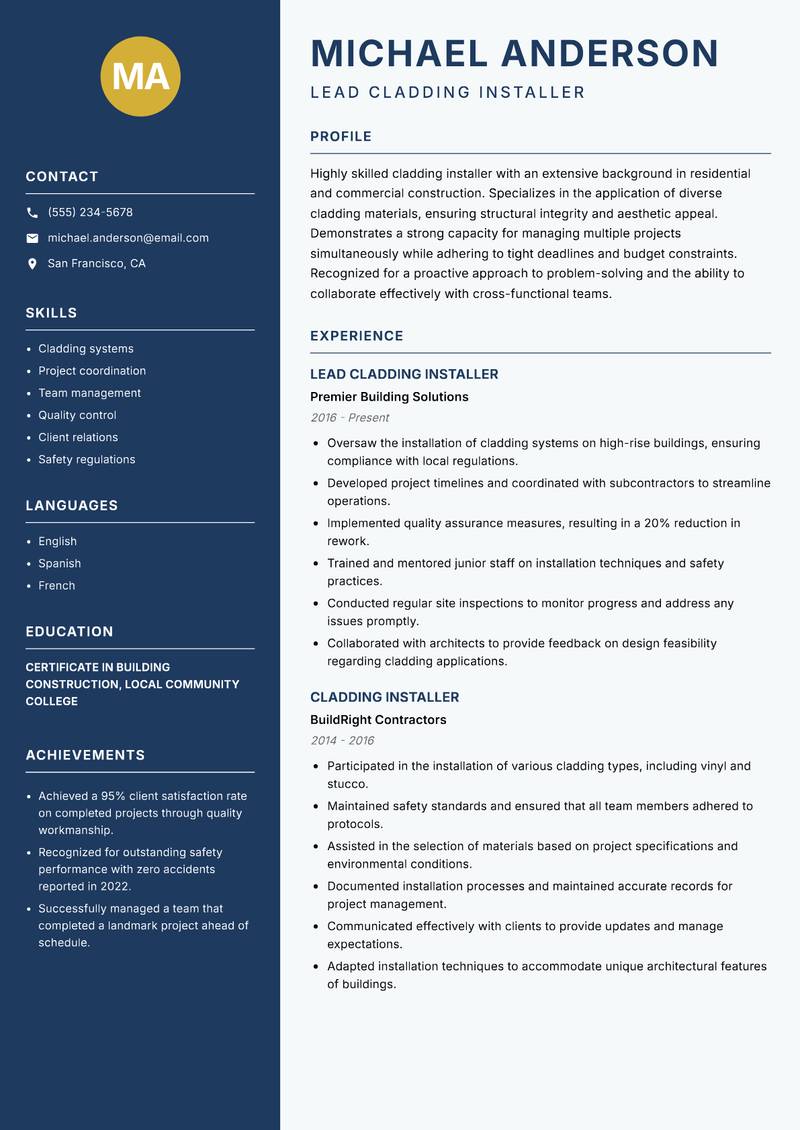 Cladding Installer resume sample — Lead Cladding Installer focus