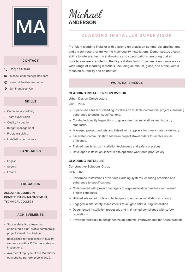 Cladding Installer resume sample — Cladding Installer Supervisor focus