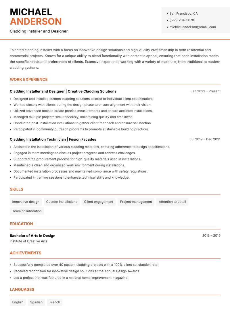 Cladding Installer resume sample — Cladding Installer and Designer focus