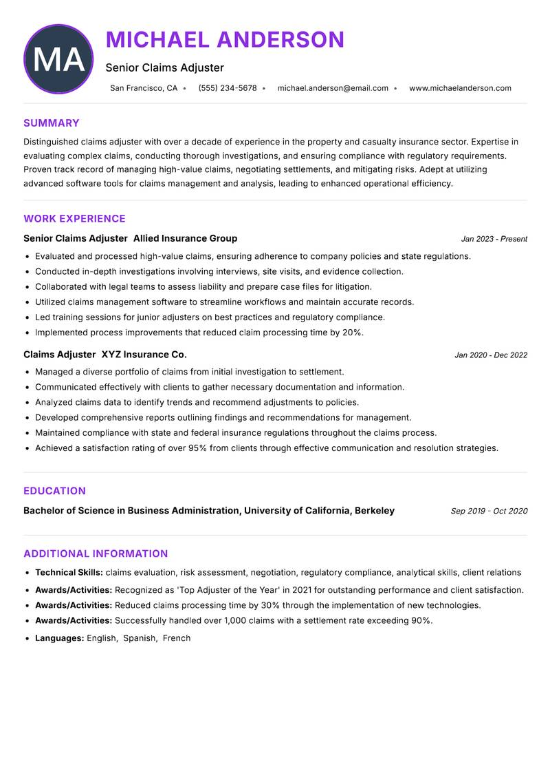 Claims Adjuster resume example