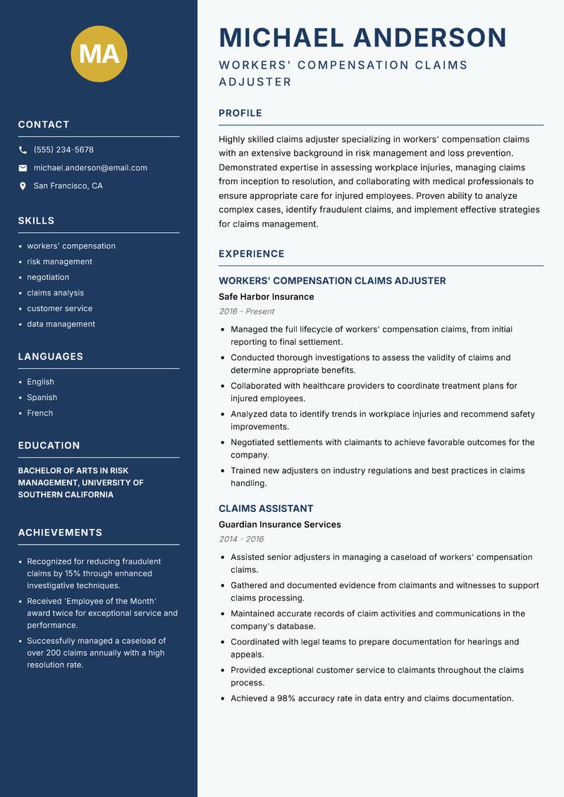 Claims Adjuster resume sample — Workers' Compensation Claims Adjuster focus
