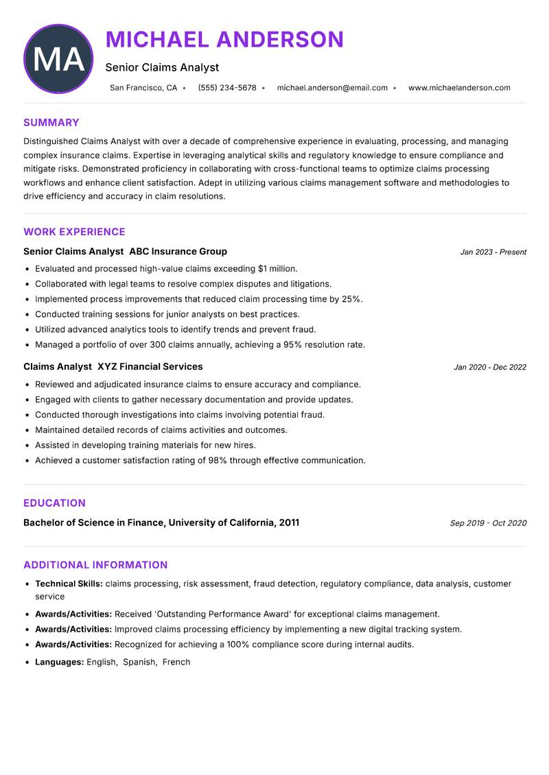 Claims Analyst resume example