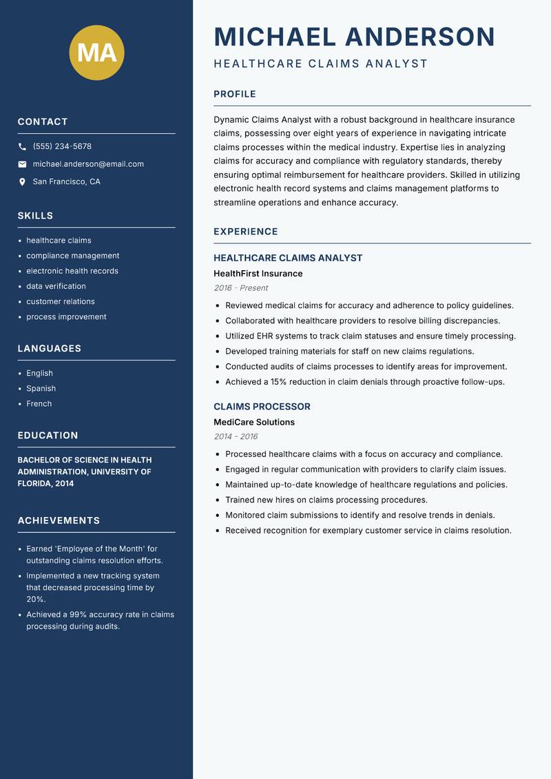 Claims Analyst resume sample — Healthcare Claims Analyst focus