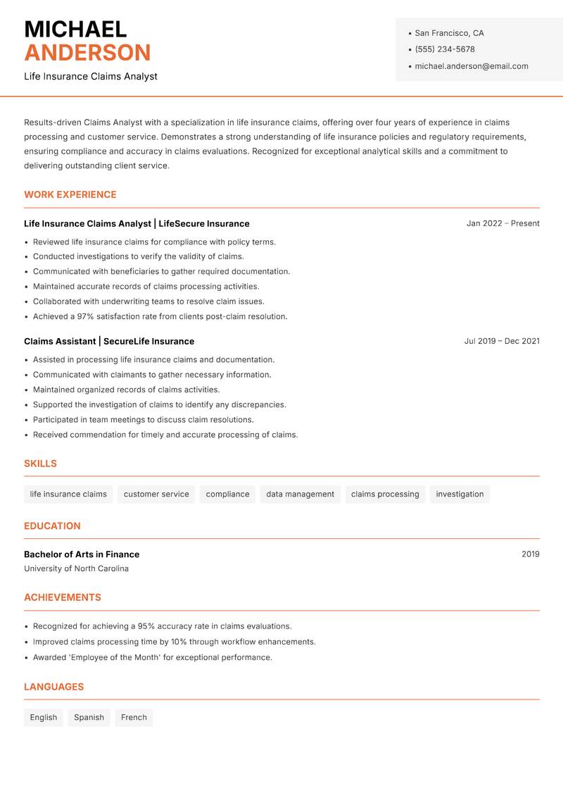 Claims Analyst resume sample — Life Insurance Claims Analyst focus